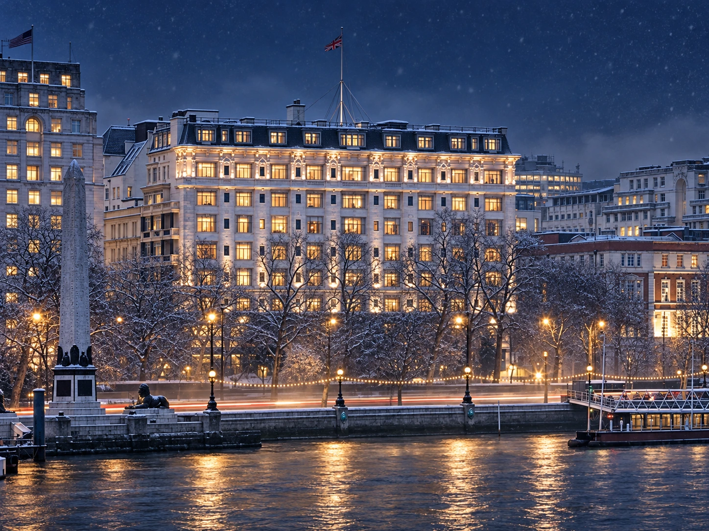 Художественный образ The Savoy со стороны Темзы зимним вечером